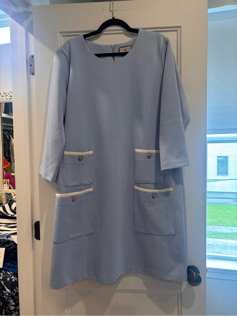 Light Blue Women's Shift Dress with Pocket Detail